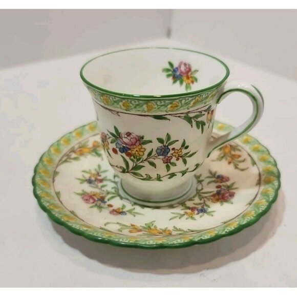Vintage Mintons Bone China Green Floral Demitasse Teacup And Saucer - Picture 1 of 14